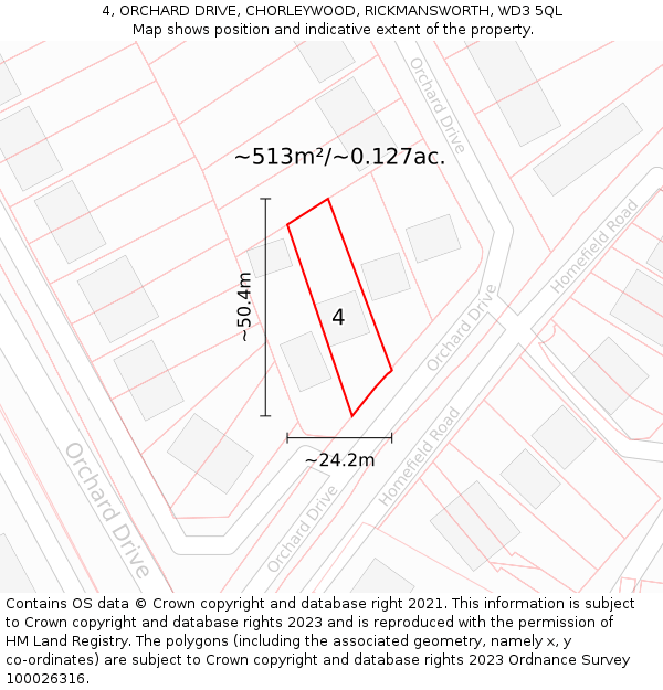 4, ORCHARD DRIVE, CHORLEYWOOD, RICKMANSWORTH, WD3 5QL: Plot and title map