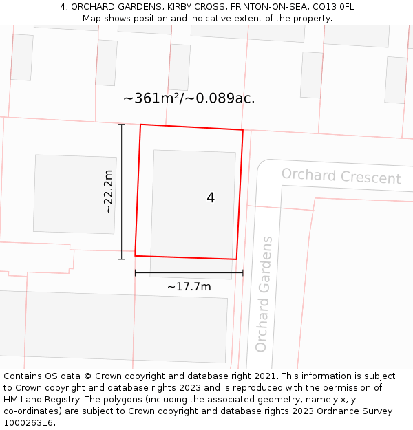 4, ORCHARD GARDENS, KIRBY CROSS, FRINTON-ON-SEA, CO13 0FL: Plot and title map