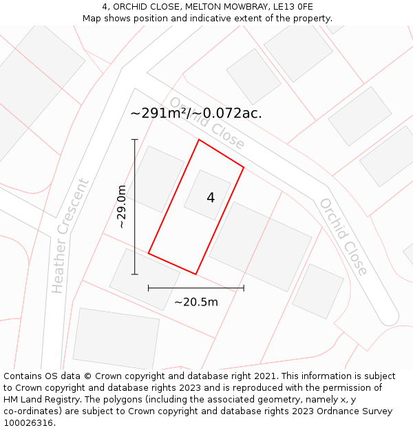 4, ORCHID CLOSE, MELTON MOWBRAY, LE13 0FE: Plot and title map