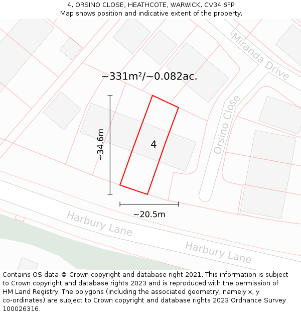 4, ORSINO CLOSE, HEATHCOTE, WARWICK, CV34 6FP: Plot and title map