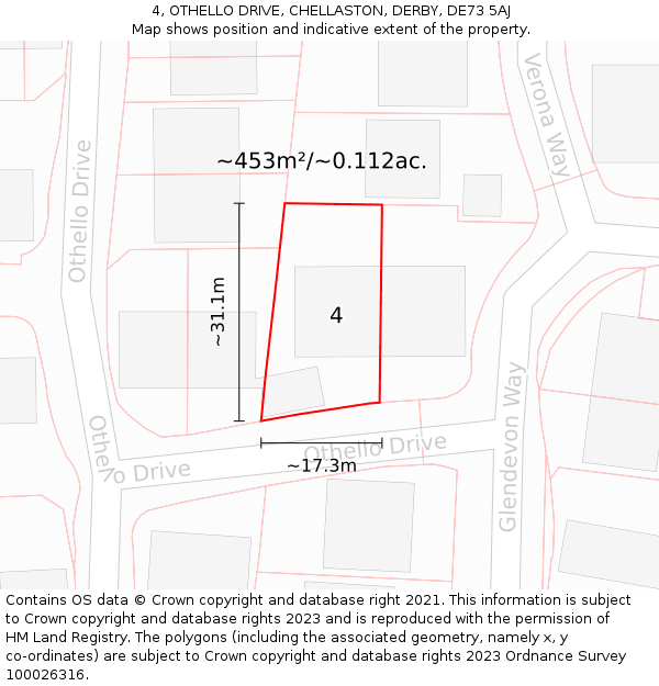 4, OTHELLO DRIVE, CHELLASTON, DERBY, DE73 5AJ: Plot and title map