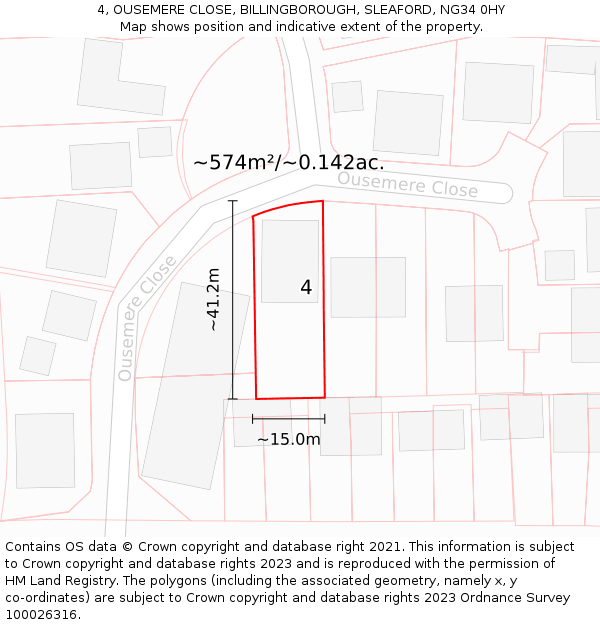 4, OUSEMERE CLOSE, BILLINGBOROUGH, SLEAFORD, NG34 0HY: Plot and title map