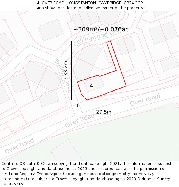 4, OVER ROAD, LONGSTANTON, CAMBRIDGE, CB24 3GP: Plot and title map