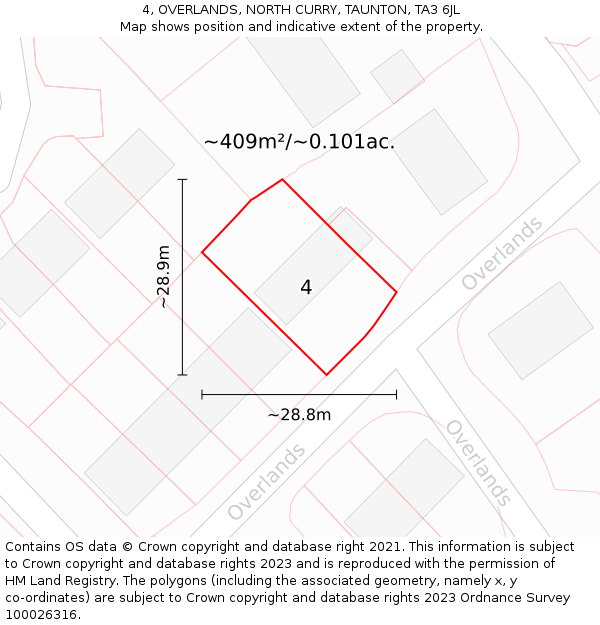 4, OVERLANDS, NORTH CURRY, TAUNTON, TA3 6JL: Plot and title map