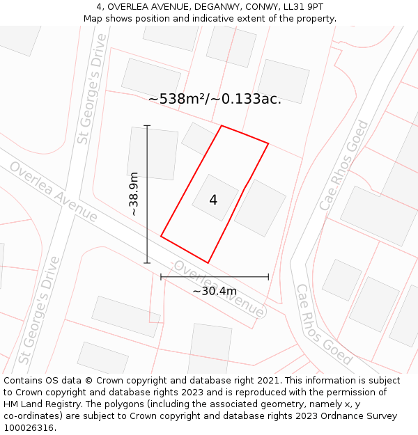 4, OVERLEA AVENUE, DEGANWY, CONWY, LL31 9PT: Plot and title map