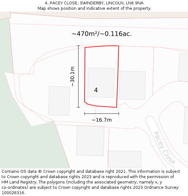 4, PACEY CLOSE, SWINDERBY, LINCOLN, LN6 9NA: Plot and title map