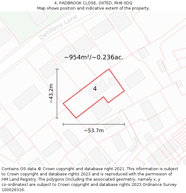 4, PADBROOK CLOSE, OXTED, RH8 0DQ: Plot and title map