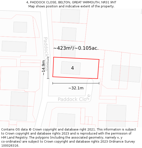 4, PADDOCK CLOSE, BELTON, GREAT YARMOUTH, NR31 9NT: Plot and title map