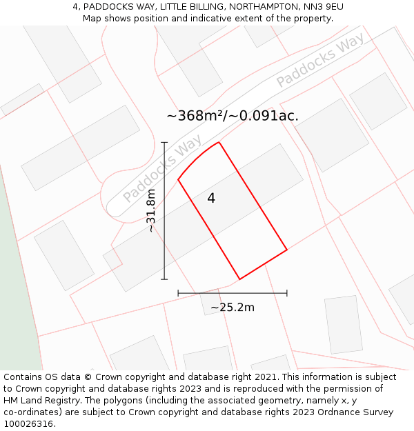 4, PADDOCKS WAY, LITTLE BILLING, NORTHAMPTON, NN3 9EU: Plot and title map