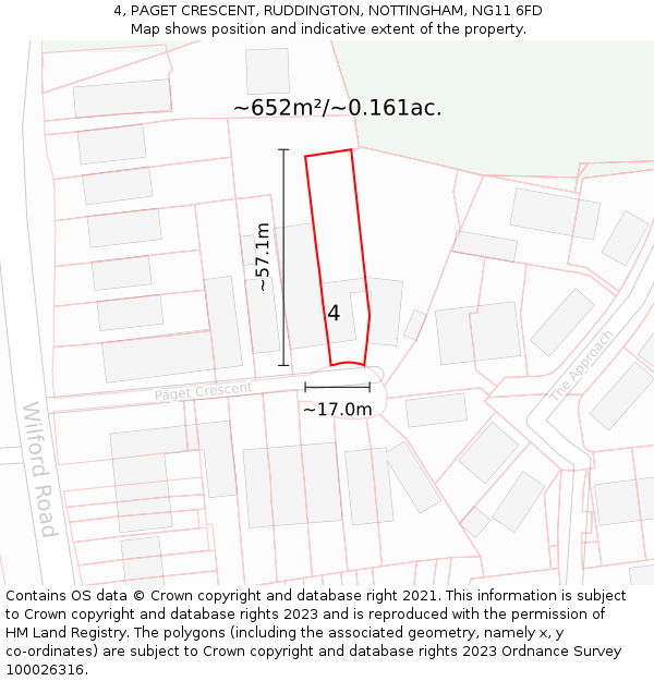 4, PAGET CRESCENT, RUDDINGTON, NOTTINGHAM, NG11 6FD: Plot and title map