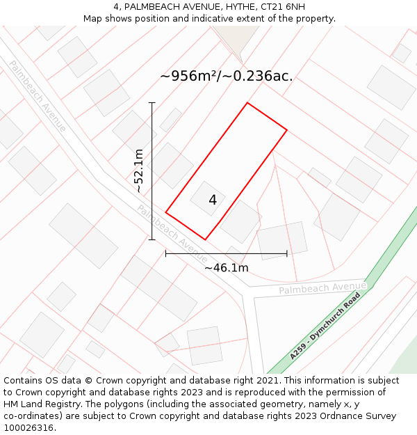 4, PALMBEACH AVENUE, HYTHE, CT21 6NH: Plot and title map