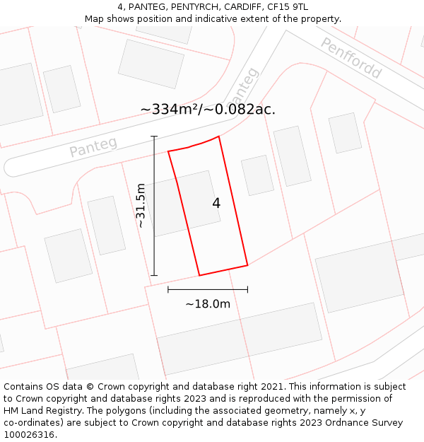 4, PANTEG, PENTYRCH, CARDIFF, CF15 9TL: Plot and title map