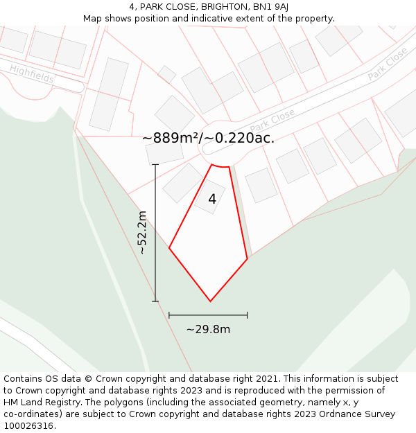 4, PARK CLOSE, BRIGHTON, BN1 9AJ: Plot and title map