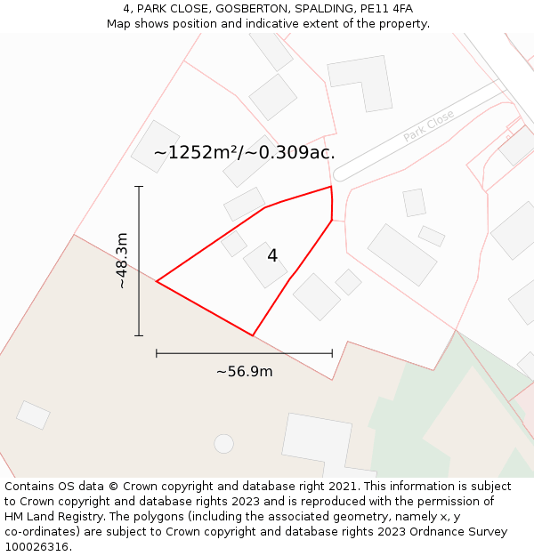 4, PARK CLOSE, GOSBERTON, SPALDING, PE11 4FA: Plot and title map