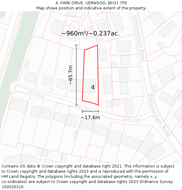 4, PARK DRIVE, VERWOOD, BH31 7PE: Plot and title map