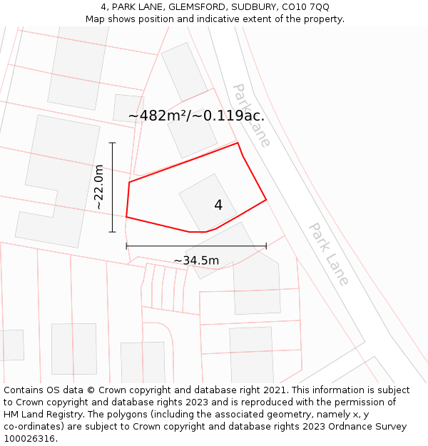 4, PARK LANE, GLEMSFORD, SUDBURY, CO10 7QQ: Plot and title map