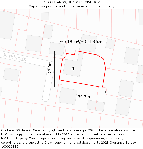 4, PARKLANDS, BEDFORD, MK41 9LZ: Plot and title map