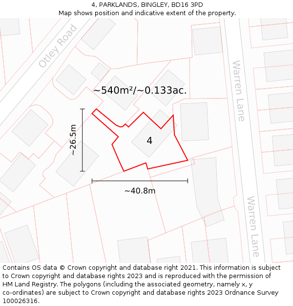 4, PARKLANDS, BINGLEY, BD16 3PD: Plot and title map