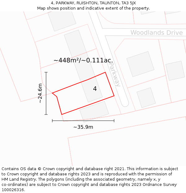 4, PARKWAY, RUISHTON, TAUNTON, TA3 5JX: Plot and title map