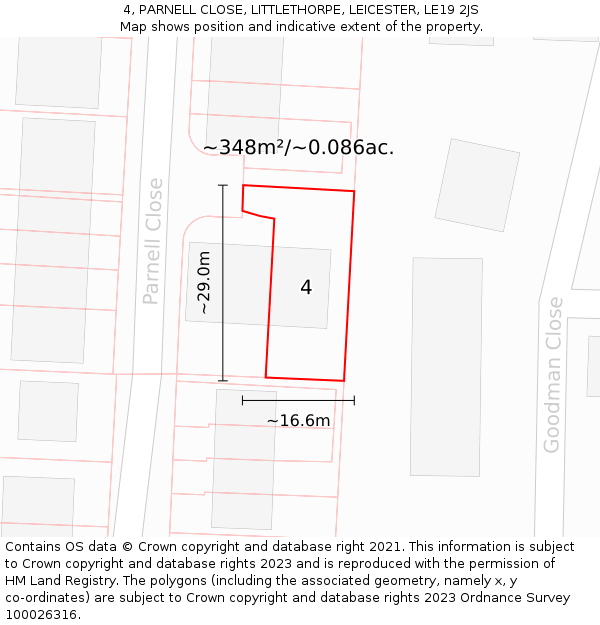 4, PARNELL CLOSE, LITTLETHORPE, LEICESTER, LE19 2JS: Plot and title map