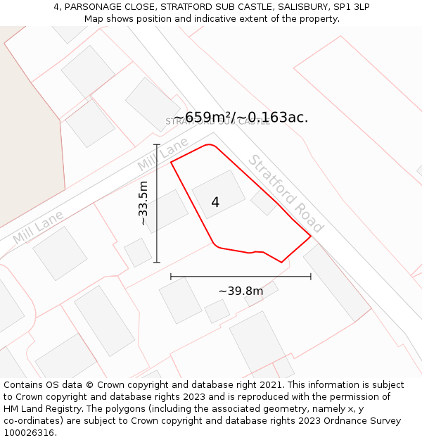 4, PARSONAGE CLOSE, STRATFORD SUB CASTLE, SALISBURY, SP1 3LP: Plot and title map