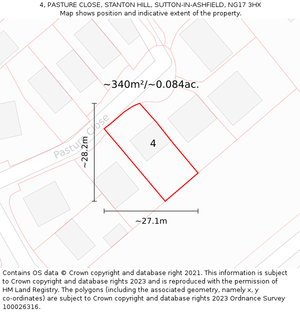 4, PASTURE CLOSE, STANTON HILL, SUTTON-IN-ASHFIELD, NG17 3HX: Plot and title map