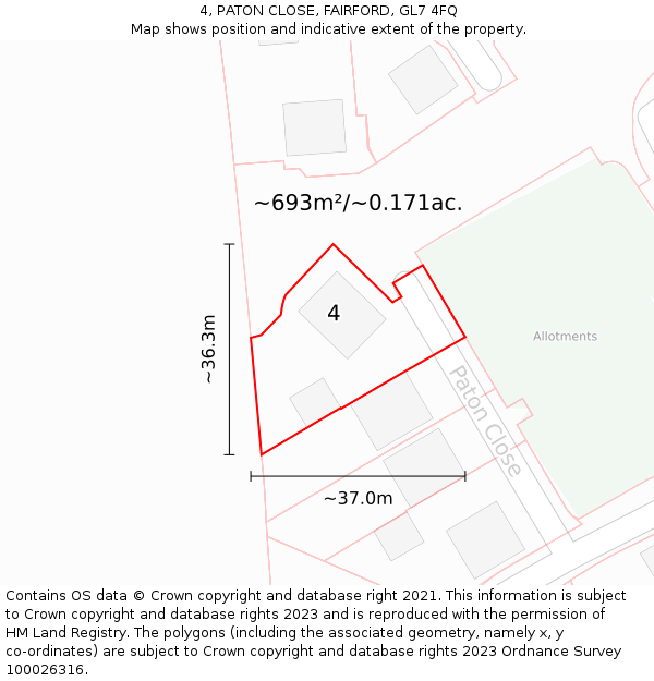 4, PATON CLOSE, FAIRFORD, GL7 4FQ: Plot and title map