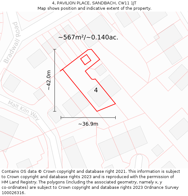 4, PAVILION PLACE, SANDBACH, CW11 1JT: Plot and title map