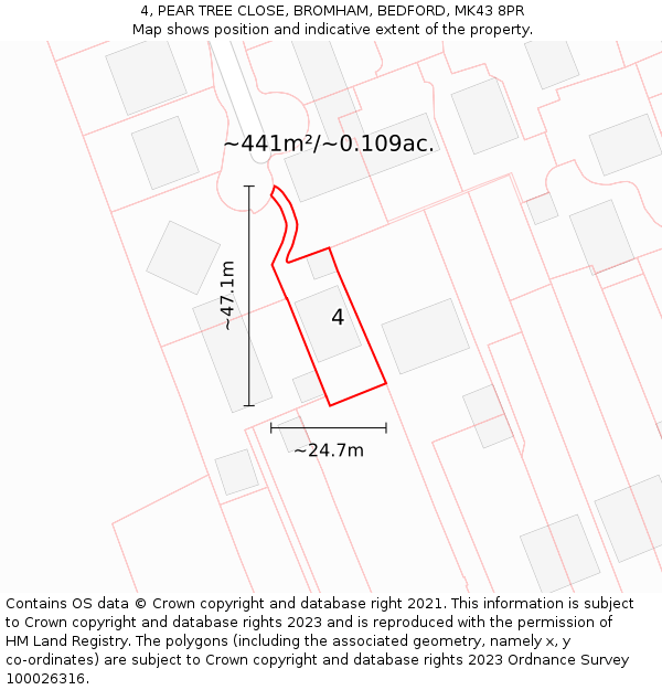 4, PEAR TREE CLOSE, BROMHAM, BEDFORD, MK43 8PR: Plot and title map