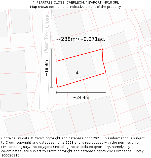 4, PEARTREE CLOSE, CAERLEON, NEWPORT, NP18 3RL: Plot and title map