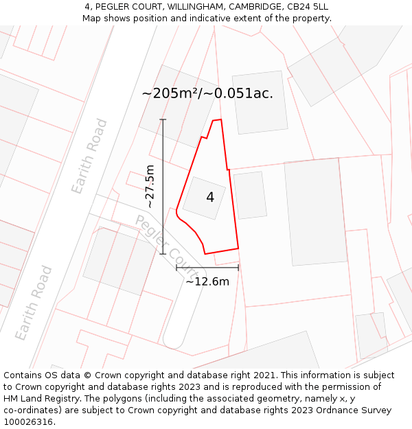 4, PEGLER COURT, WILLINGHAM, CAMBRIDGE, CB24 5LL: Plot and title map