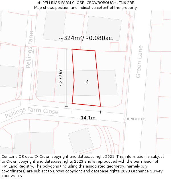 4, PELLINGS FARM CLOSE, CROWBOROUGH, TN6 2BF: Plot and title map