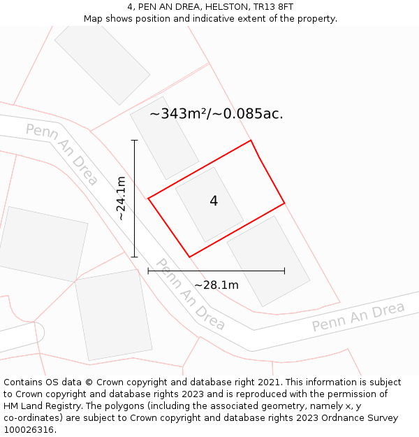 4, PEN AN DREA, HELSTON, TR13 8FT: Plot and title map