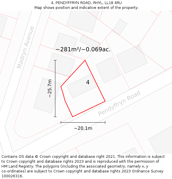 4, PENDYFFRYN ROAD, RHYL, LL18 4RU: Plot and title map