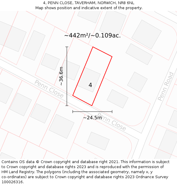 4, PENN CLOSE, TAVERHAM, NORWICH, NR8 6NL: Plot and title map