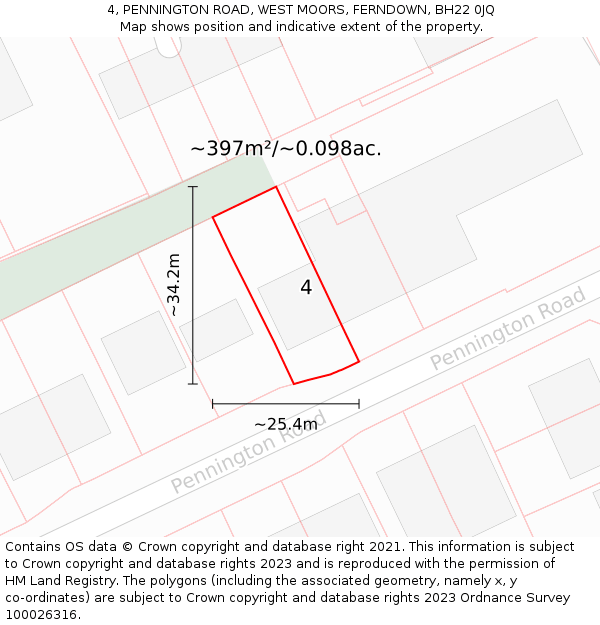 4, PENNINGTON ROAD, WEST MOORS, FERNDOWN, BH22 0JQ: Plot and title map