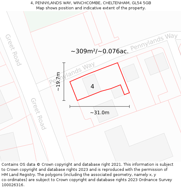 4, PENNYLANDS WAY, WINCHCOMBE, CHELTENHAM, GL54 5GB: Plot and title map