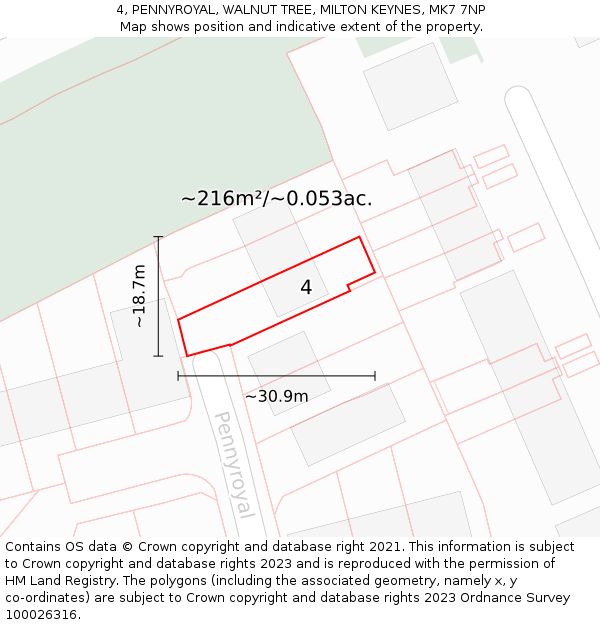 4, PENNYROYAL, WALNUT TREE, MILTON KEYNES, MK7 7NP: Plot and title map