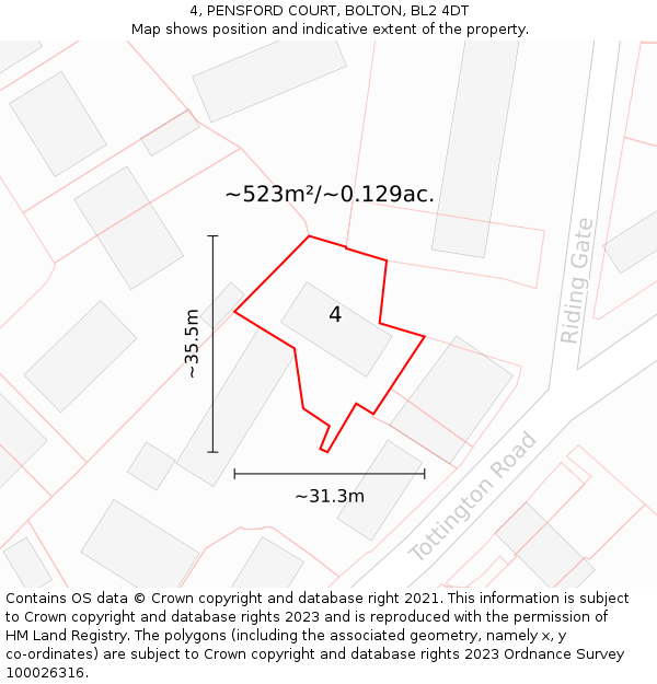 4, PENSFORD COURT, BOLTON, BL2 4DT: Plot and title map