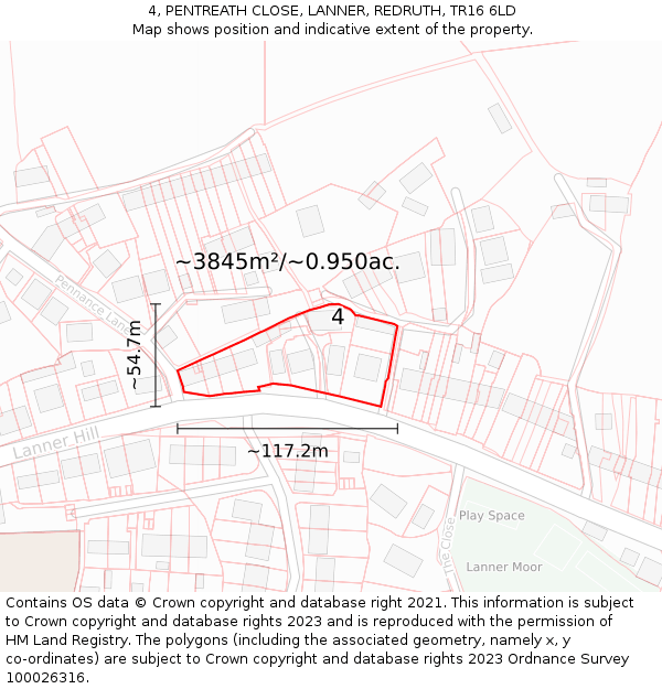 4, PENTREATH CLOSE, LANNER, REDRUTH, TR16 6LD: Plot and title map