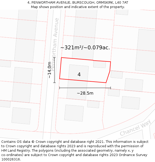 4, PENWORTHAM AVENUE, BURSCOUGH, ORMSKIRK, L40 7AT: Plot and title map