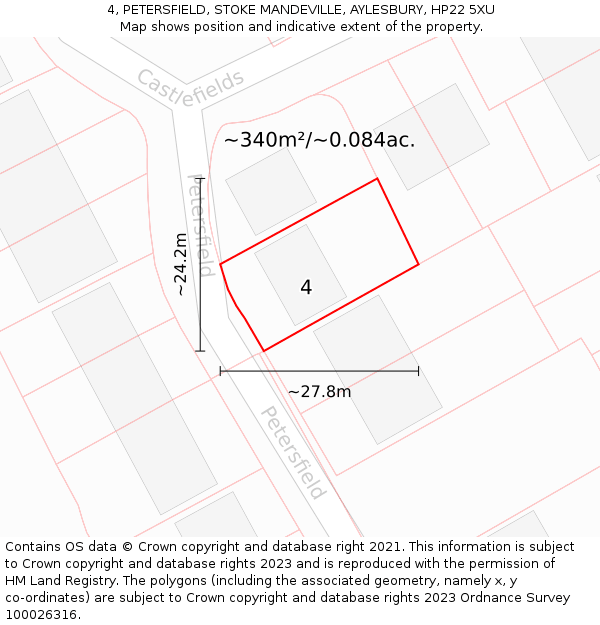 4, PETERSFIELD, STOKE MANDEVILLE, AYLESBURY, HP22 5XU: Plot and title map