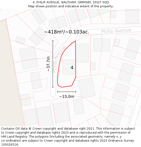 4, PHILIP AVENUE, WALTHAM, GRIMSBY, DN37 0QD: Plot and title map