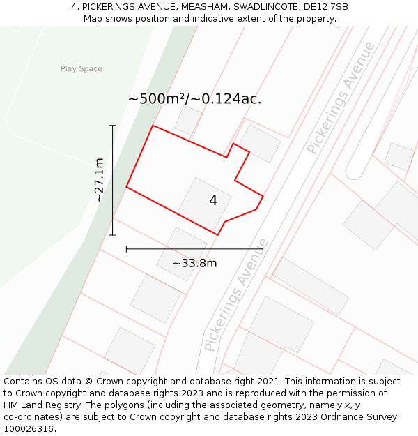 4, PICKERINGS AVENUE, MEASHAM, SWADLINCOTE, DE12 7SB: Plot and title map