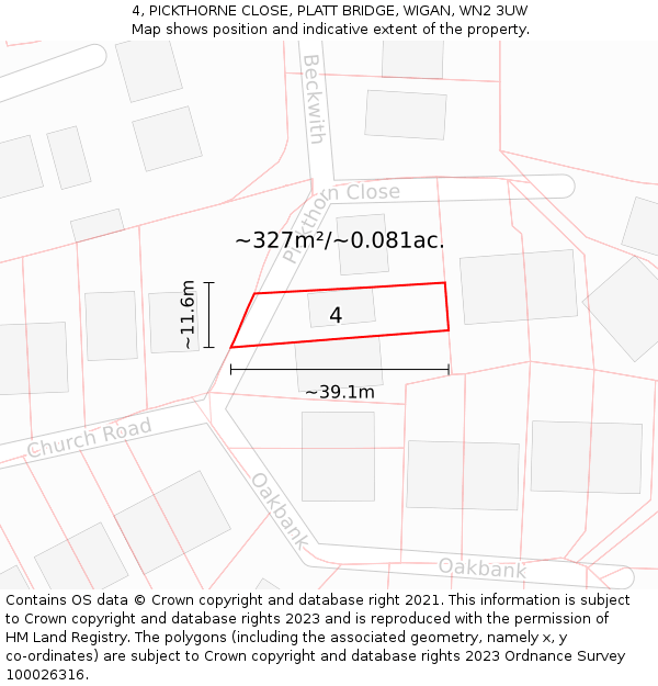 4, PICKTHORNE CLOSE, PLATT BRIDGE, WIGAN, WN2 3UW: Plot and title map