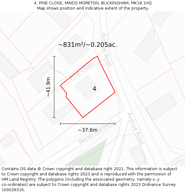 4, PINE CLOSE, MAIDS MORETON, BUCKINGHAM, MK18 1HQ: Plot and title map