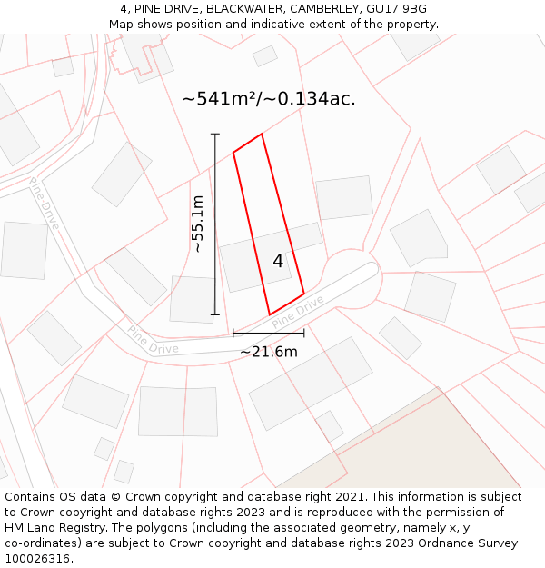 4, PINE DRIVE, BLACKWATER, CAMBERLEY, GU17 9BG: Plot and title map