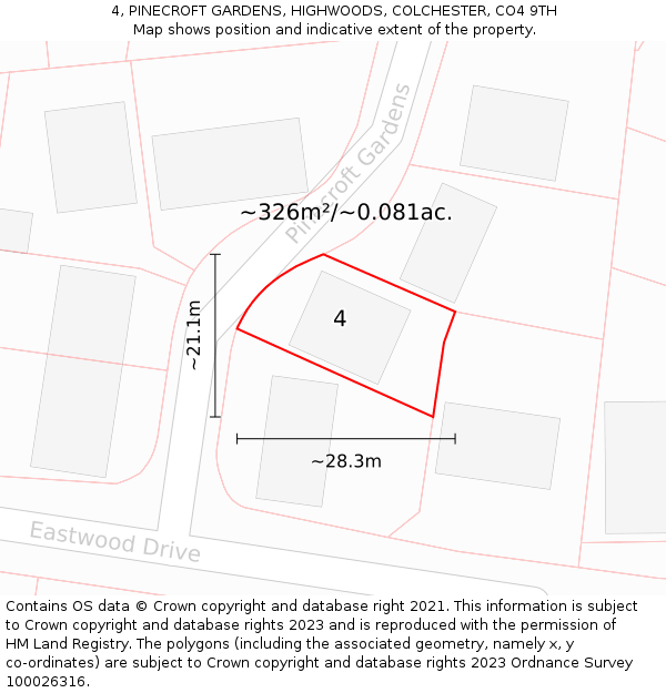 4, PINECROFT GARDENS, HIGHWOODS, COLCHESTER, CO4 9TH: Plot and title map