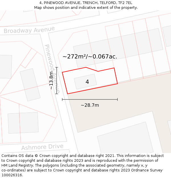 4, PINEWOOD AVENUE, TRENCH, TELFORD, TF2 7EL: Plot and title map