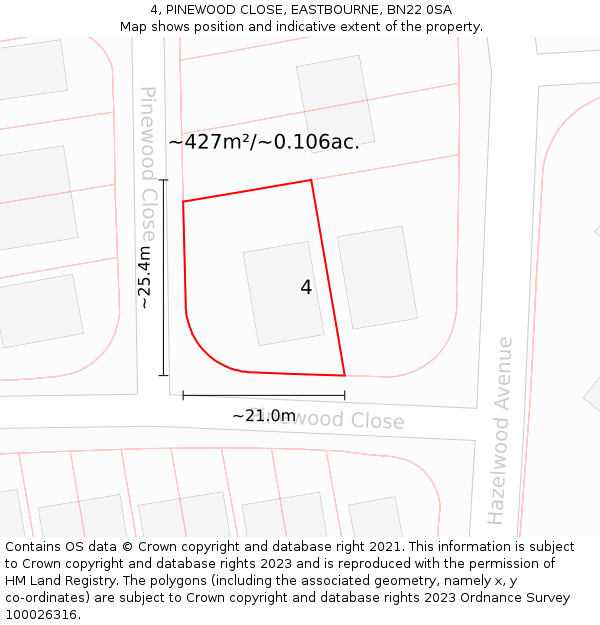 4, PINEWOOD CLOSE, EASTBOURNE, BN22 0SA: Plot and title map